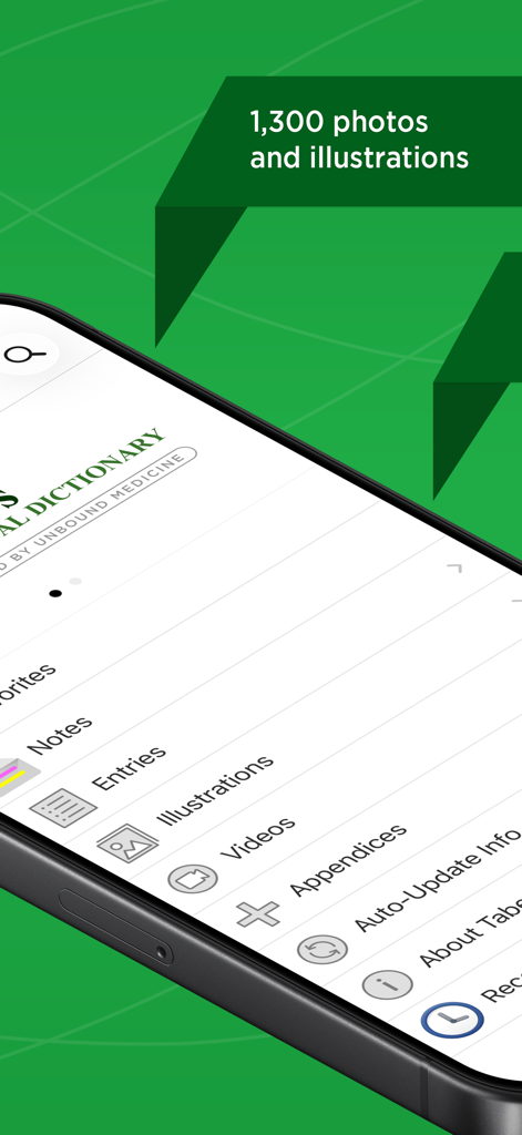 Taber's Medical Dictionary - Tabers Medical Dictionary app interface showing the menu and highlighting over 1300 photos and illustrations.