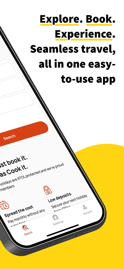 Thomas Cook Holidays & Travel - Interfaz de la app de Vacaciones y Viajes Thomas Cook mostrando funciones de reserva sin problemas con opciones de pago a plazos y depósito bajo