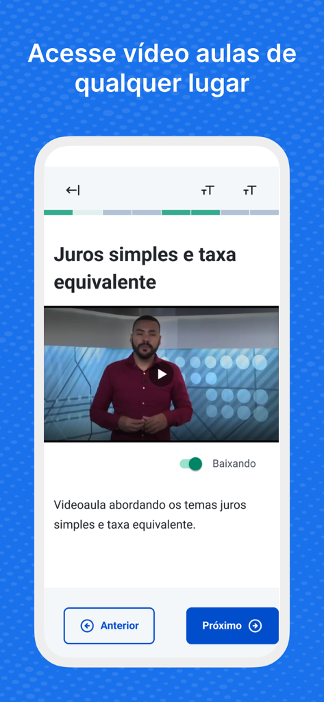 Interface de aplicativo móvel mostrando uma videoaula com um controle deslizante de download para visualização offline