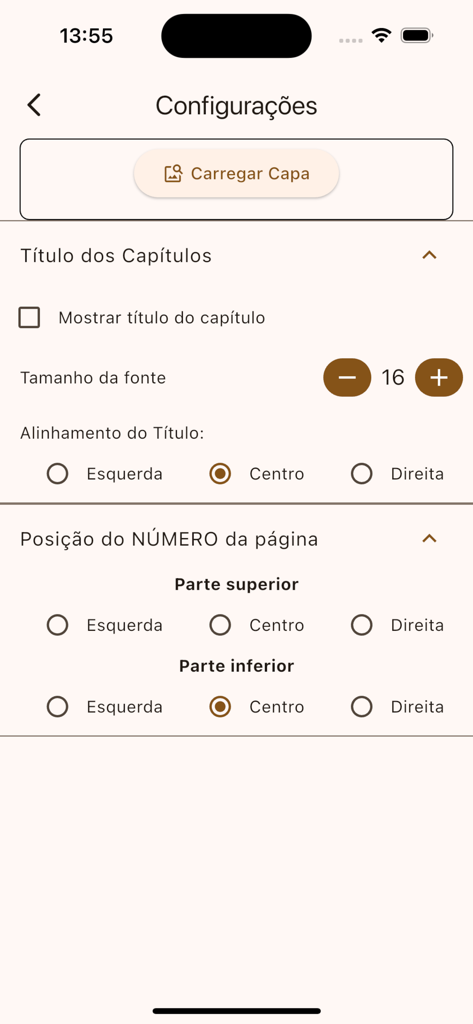 Book Maker - Create Your Story - A mobile interface for the Book Maker app showing customization options for chapter titles font size and page number alignment