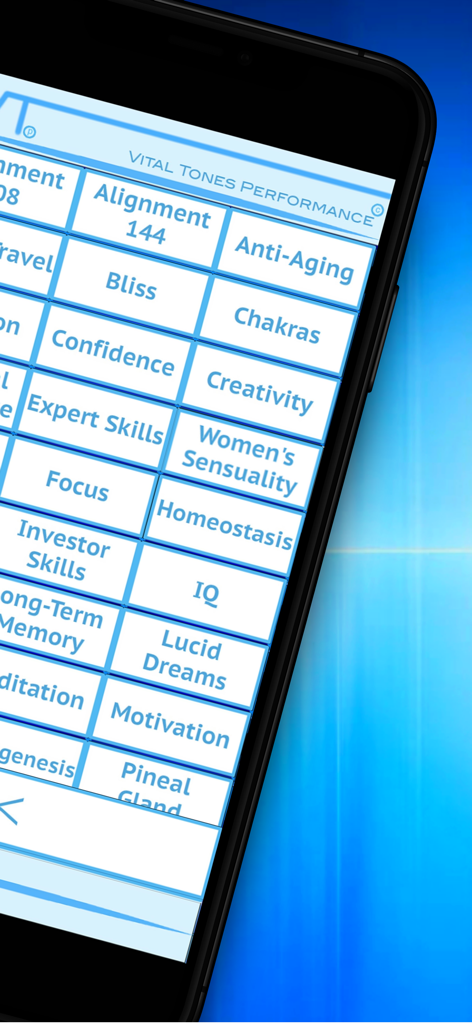 Um smartphone exibindo a interface do aplicativo Vital Tones Performance com categorias de terapia de ondas cerebrais como Foco de QI e Criatividade