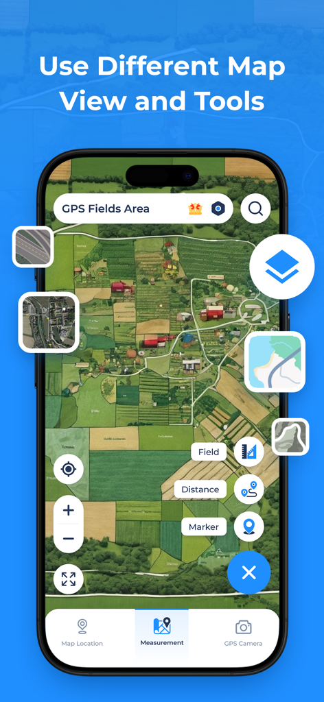 GPS Fields Area Measure App - App GPS Fields Area Measure mostrando a visualização do mapa de satélite e ferramentas de medição de terra