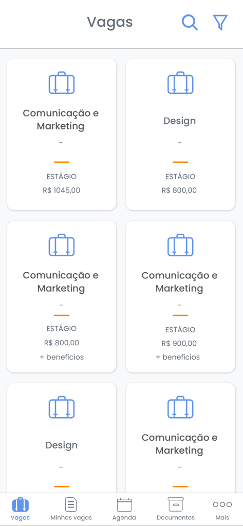Meu CIEE - Meu CIEE app screen displaying a list of available internship vacancies for Marketing and Design with salary details.