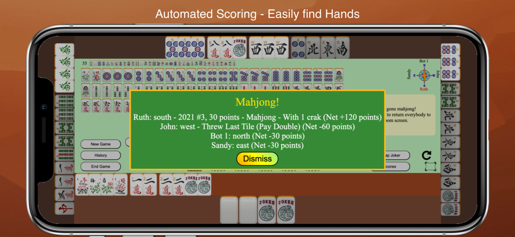 Mahjong 4 Friends app interface showing automated scoring results after a game