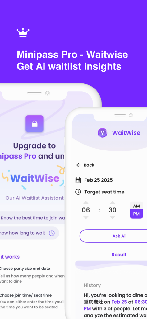 Minitable - Minitable app interface showing WaitWise AI feature for restaurant waitlist predictions