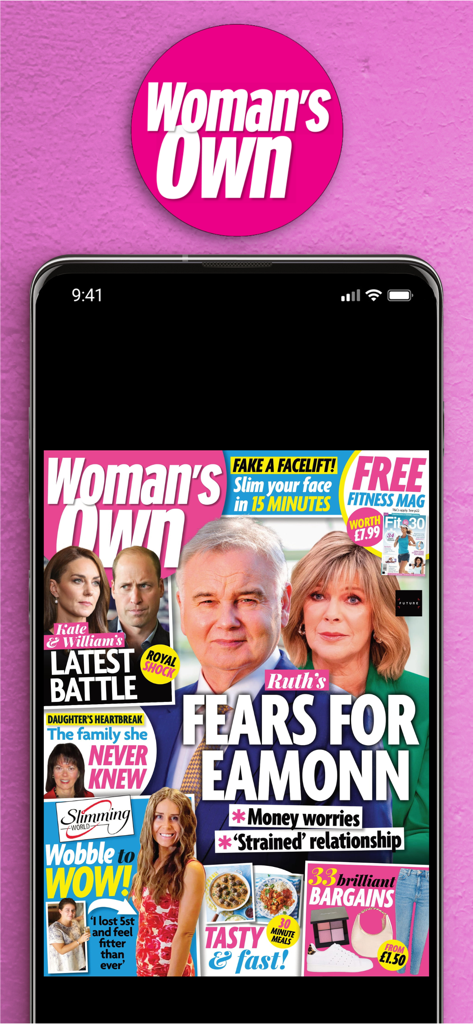 A smartphone screen displaying the Woman's Own magazine cover with celebrity news and lifestyle articles