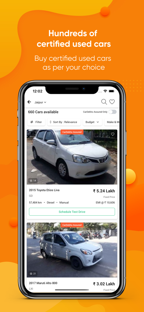 Mobile interface of the CarDekho app showing verified used car listings in India