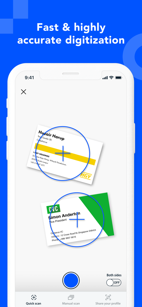 Eight: Business Card Manager - Die Eight App-Oberfläche scannt gleichzeitig zwei Visitenkarten für eine schnelle und genaue Digitalisierung.