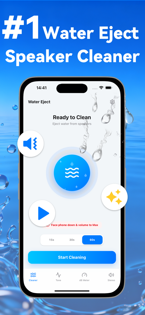 Water Eject ‧ Speaker Cleaner - iPhone interface for Water Eject Speaker Cleaner app showing water removal tools