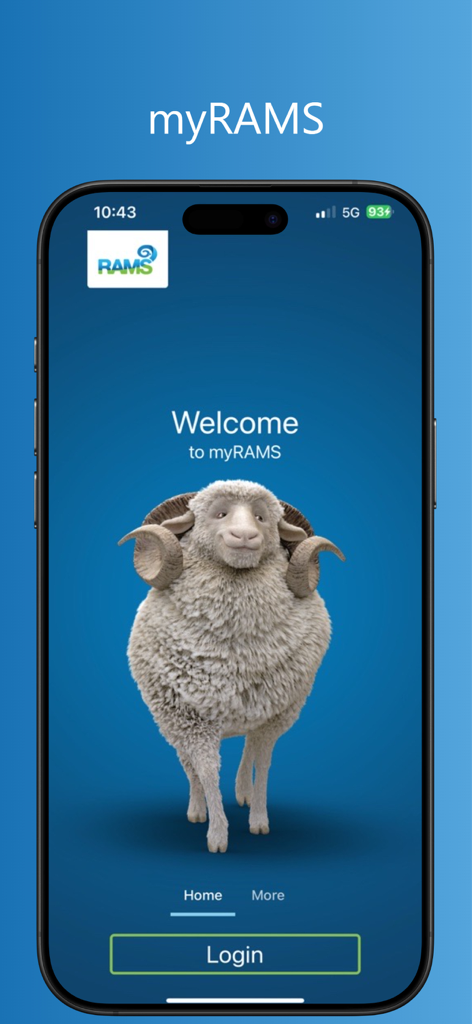 RAMS Financial Group Pty Ltd - myRAMS Mobile Banking app welcome screen featuring the RAMS sheep mascot on a blue background