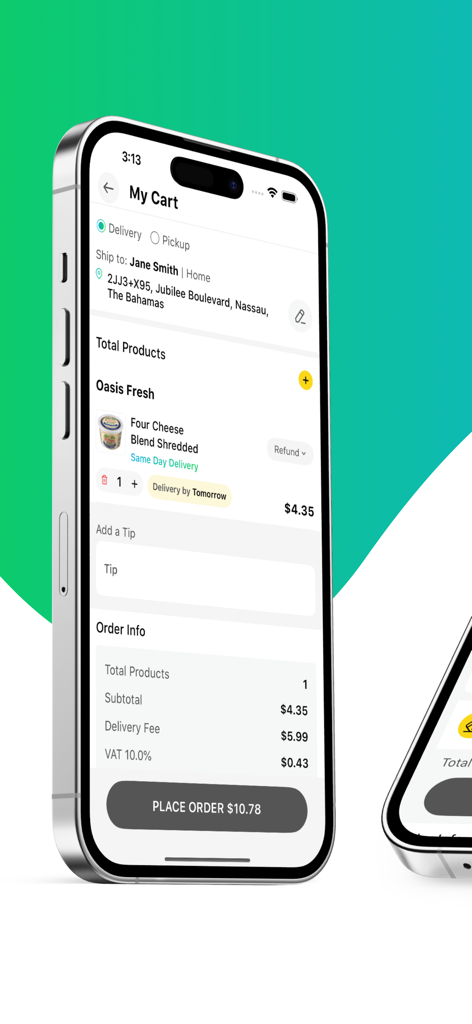 Oasis Marketplace - Oasis Marketplace app cart view showing product subtotal delivery fee and VAT for a home delivery in the Bahamas