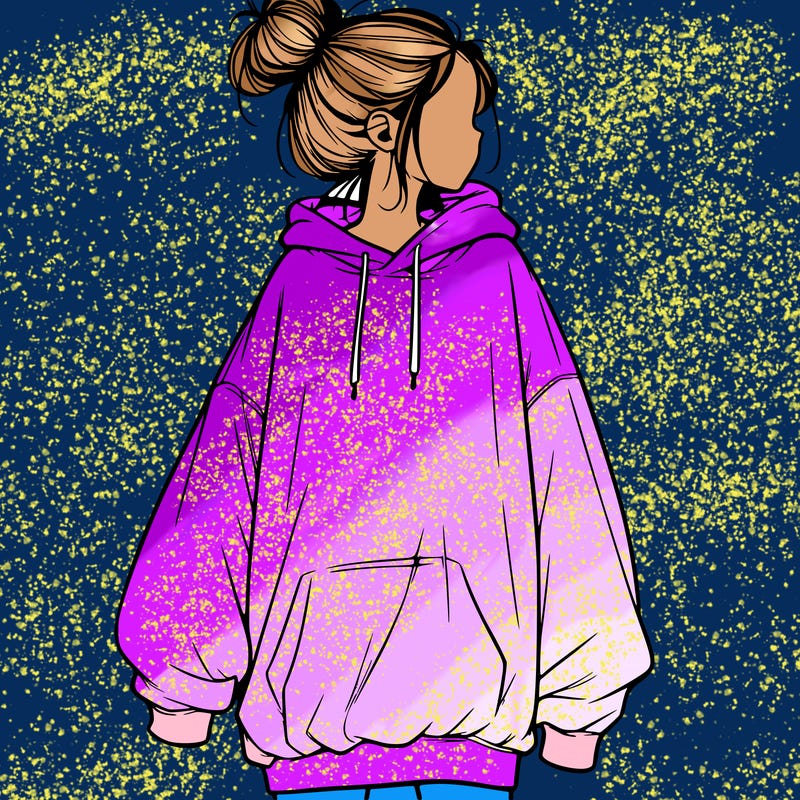 realistic girl with a oversized sweatshirt on and a bun