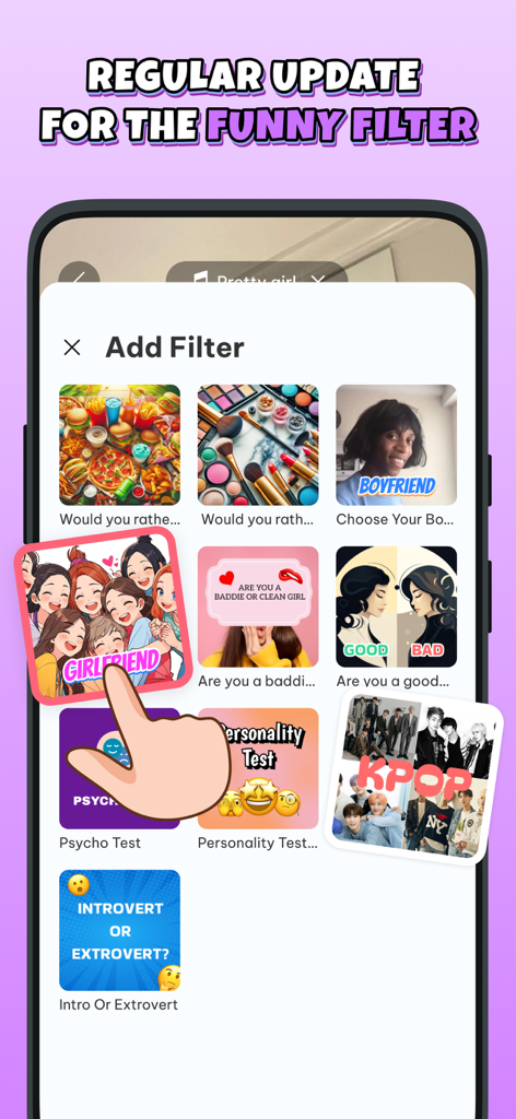 Selection screen showing various interactive filters and personality tests like Would You Rather and Introvert vs Extrovert
