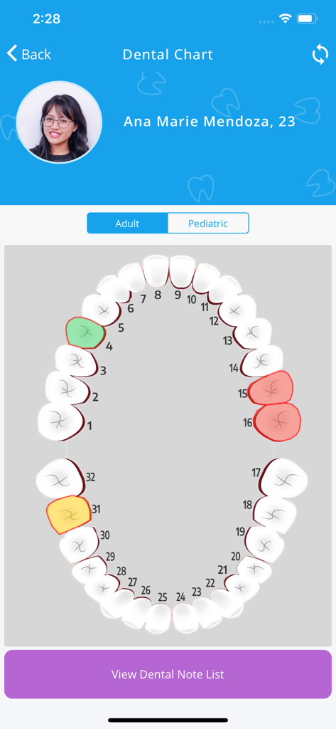 A digital dental chart showing a patient tooth map with color coded status in the My Dental Clinic app