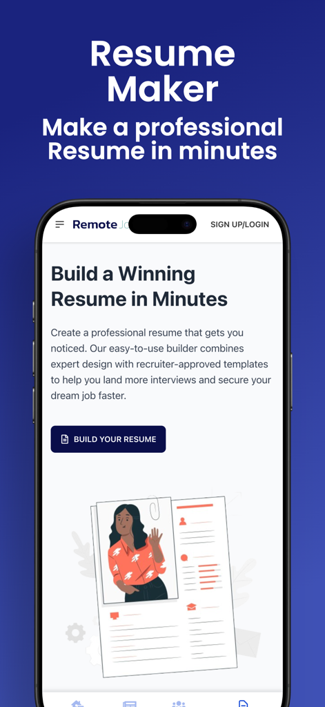Remote Jobs Hub - Resume maker interface in the Remote Jobs Hub app showing a build your resume button