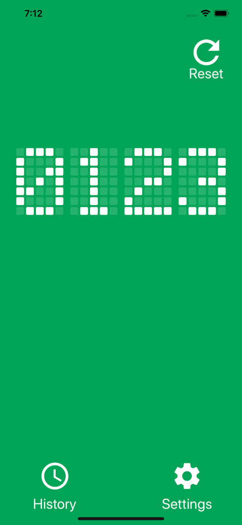 Tally Counter DIGITAL - Pantalla principal de la aplicación Tally Counter DIGITAL con fondo verde y una pantalla LED de matriz de puntos blanca que muestra un conteo de 0123.