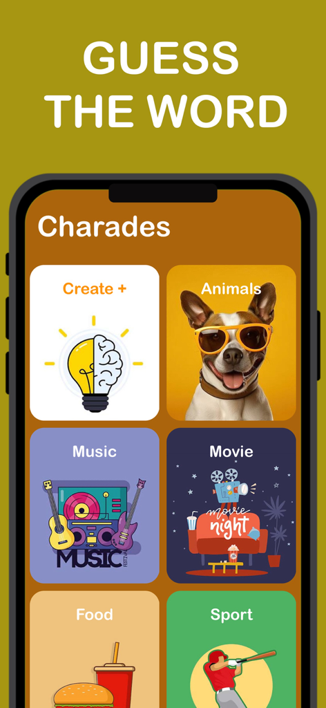 Charades Party Game - Menú principal de la aplicación Charadas: El Juego de Fiesta mostrando varias categorías de mazos de palabras como Animales, Música y Películas.