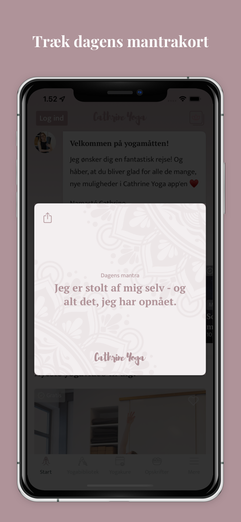 Cathrine Yoga - A smartphone screen showing a daily mantra card with a self-love affirmation in the Cathrine Yoga app.