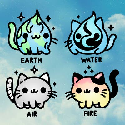 4 cats that represent the different elements, earth, water, air, and fire