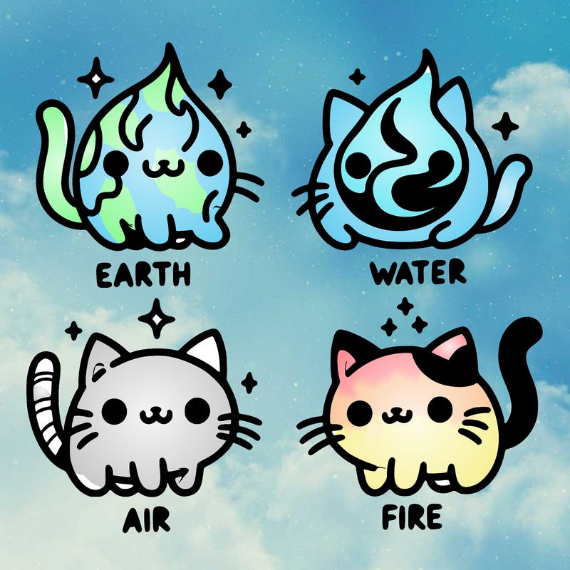 4 cats that represent the different elements, earth, water, air, and fire