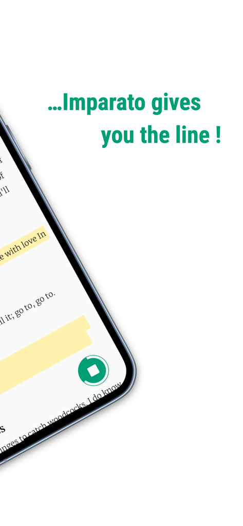 Imparato - Theatre - Smartphone screen displaying a theater script with highlighted lines in the Imparato rehearsal app