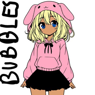pretty anime girl wearing a fluffy hoodie with bunny ears on the hood and a skirt