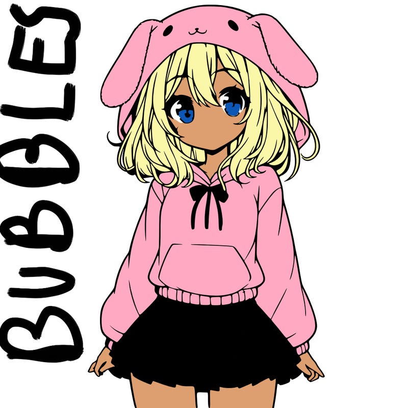 pretty anime girl wearing a fluffy hoodie with bunny ears on the hood and a skirt
