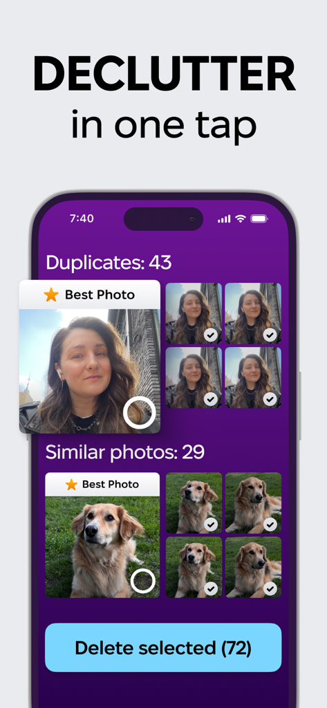CleanMy®Phone: Cleanup Storage - Interfaz de la aplicación CleanMyPhone mostrando fotos duplicadas y similares seleccionadas por IA listas para ser eliminadas.