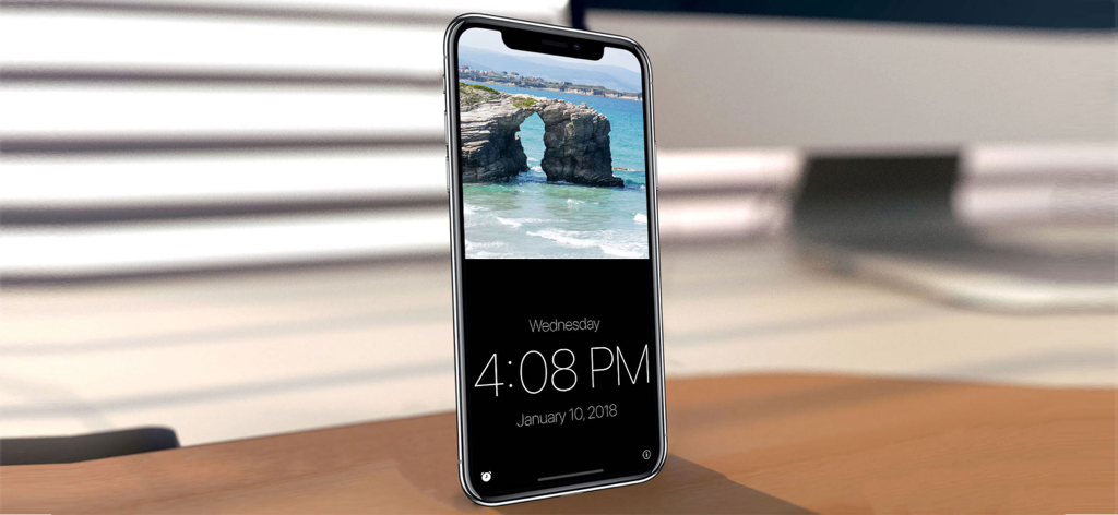 Standby Alarm Clock - An iPhone on a desk showing the Standby Alarm Clock app with a custom landscape photo and digital time