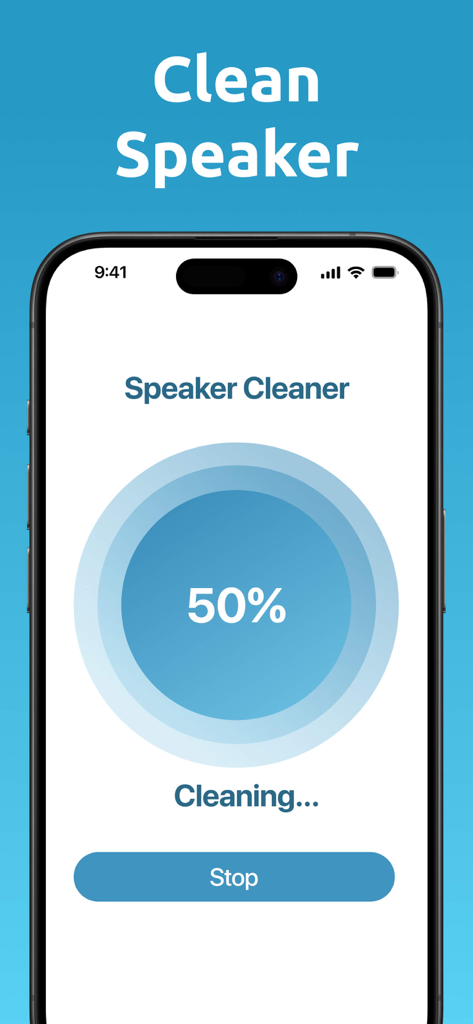 Clear Wave ‒ Water Eject - Smartphone screen showing the Speaker Cleaner feature of Clear Wave app at 50 percent completion