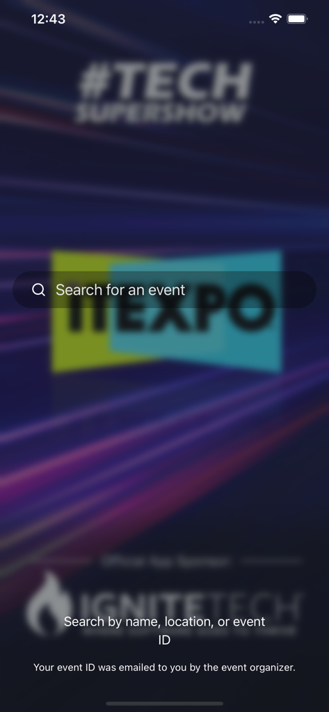 Tela de busca de eventos para o aplicativo móvel ITEXPO TECHSUPERSHOW.