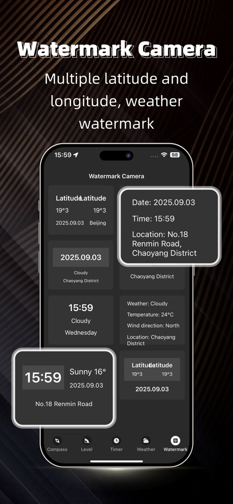 Compass - GPS positioning - Watermark camera interface showing GPS coordinates and timestamps on a smartphone screen