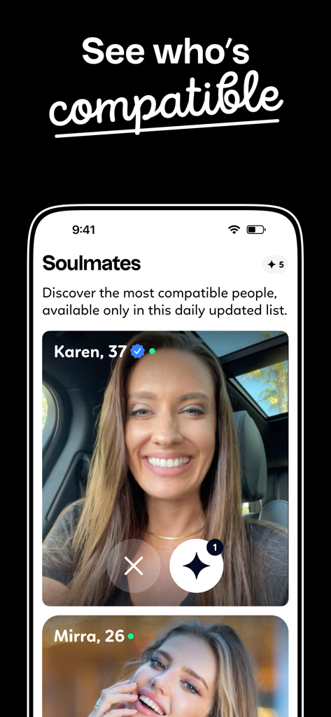 Kismia Dating - Meet Singles - Interfaz de la app de citas Kismia mostrando la lista diaria de Almas Gemelas con sugerencias de perfiles verificados por compatibilidad.