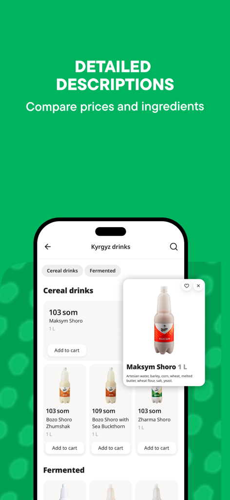 Alma Go – доставка продуктов - Alma Go app interface showing detailed product ingredients and prices for local Kyrgyz drinks
