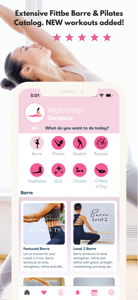 Barre Workouts by Fittbe - Fittbe Barre and Pilates app interface featuring workout categories and exercises