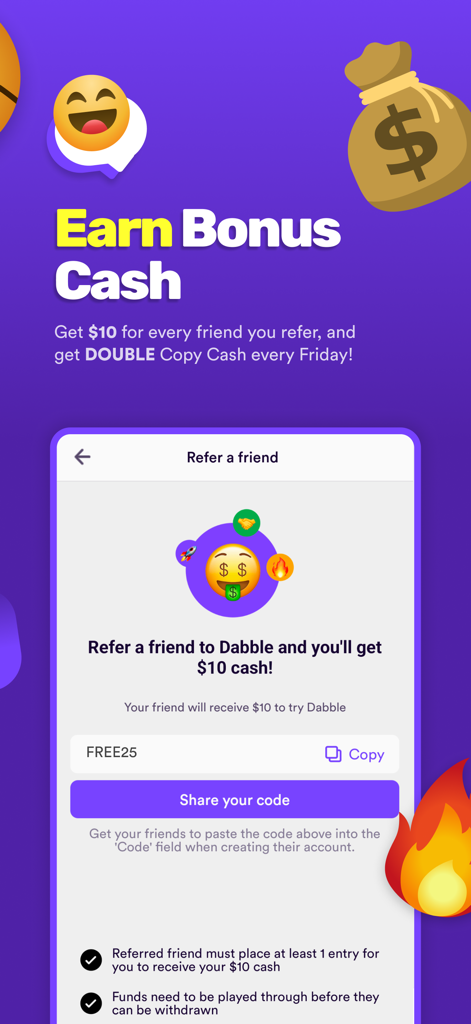Dabble - Real Money Pick 'Em - Dabble app screen for referring friends to earn ten dollars bonus cash