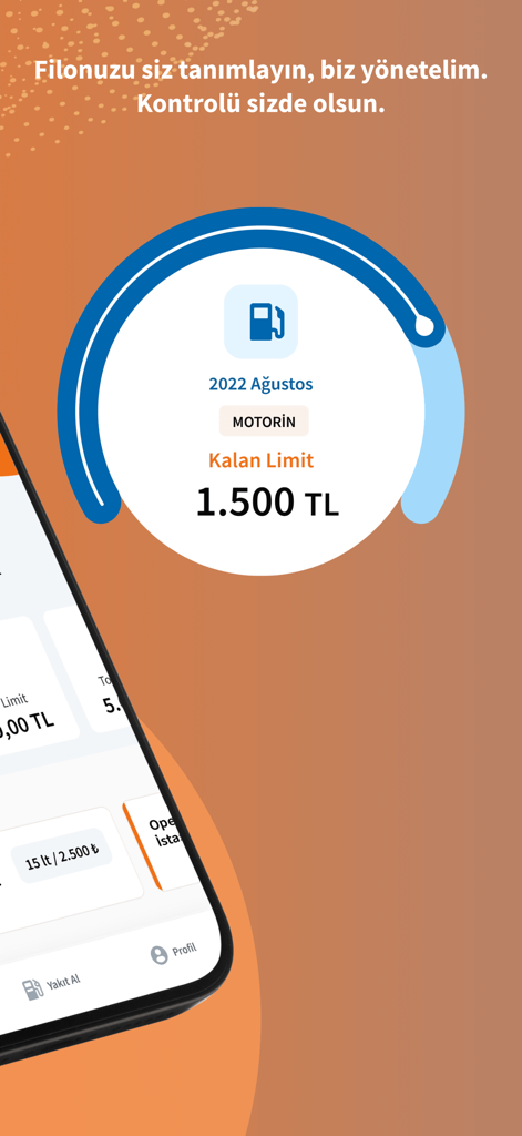 Screenshot der Otobil Mobil App-Oberfläche, die ein Dashboard für verbleibende Kraftstofflimits für das Flottenmanagement zeigt.