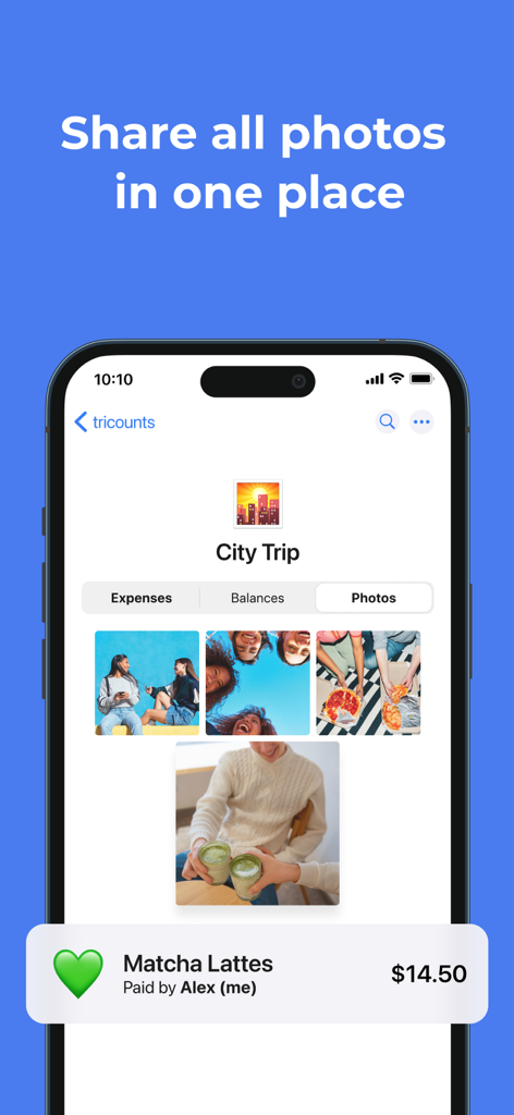 Tricount app screen showing a shared photo album for a group city trip and recorded expenses.
