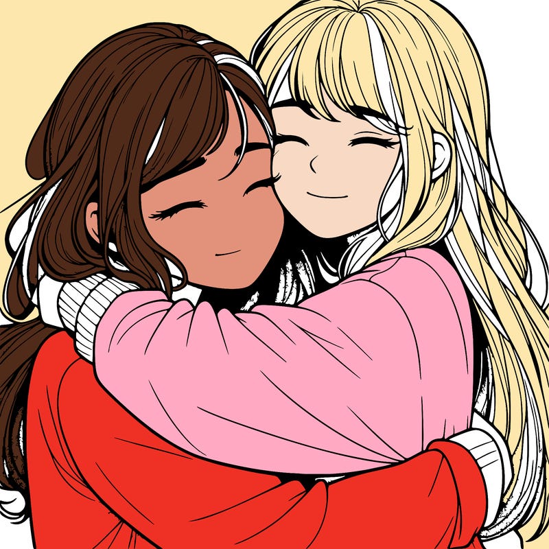 realistic two girls hugging