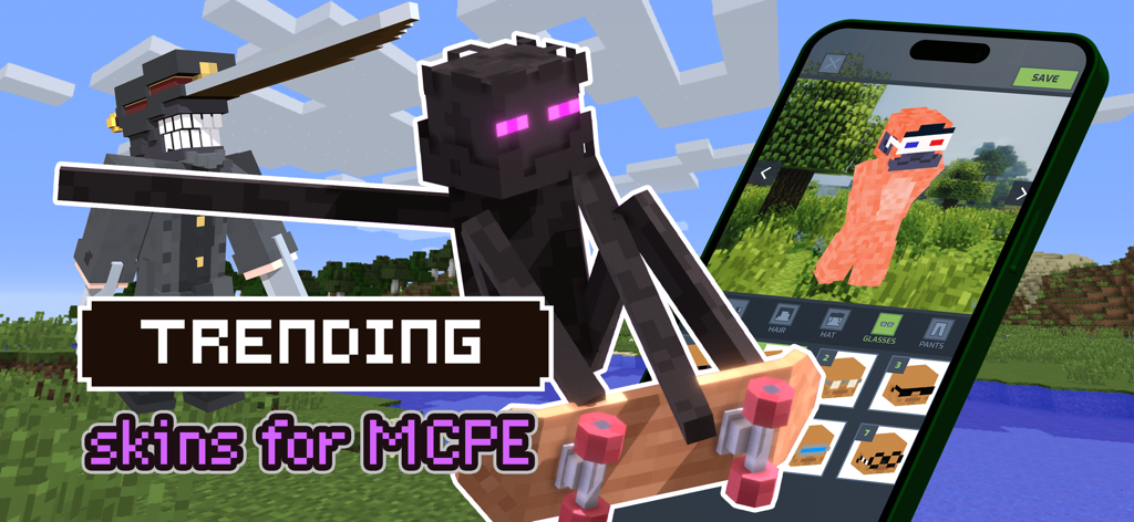 Phase 3 Skins for Minecraft PE - 마인크래프트 포켓 에디션용 인기 스킨, 커스텀 캐릭터와 모바일 에디터 인터페이스 표시.