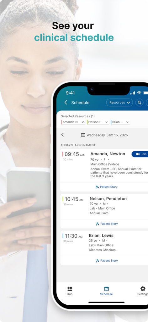 NextGen Mobile Solutions - NextGen Mobile Solutions app interface showing a clinical schedule of patient appointments on a smartphone