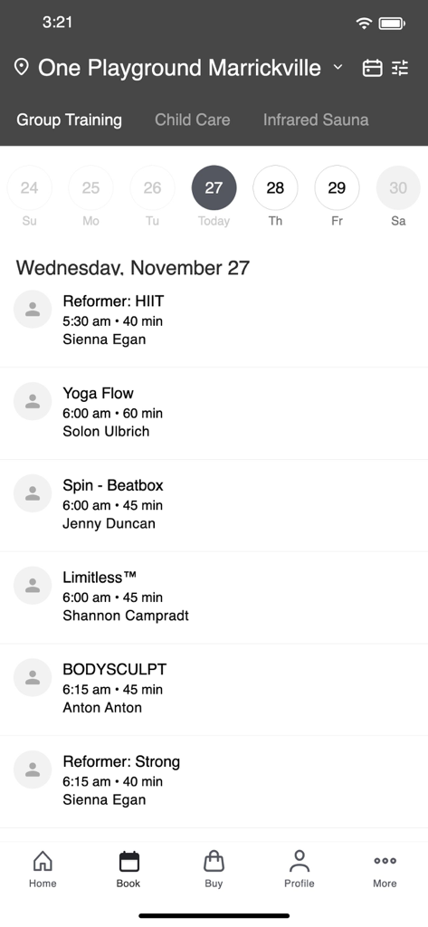 One Playground Australia app displaying the group training class timetable for booking