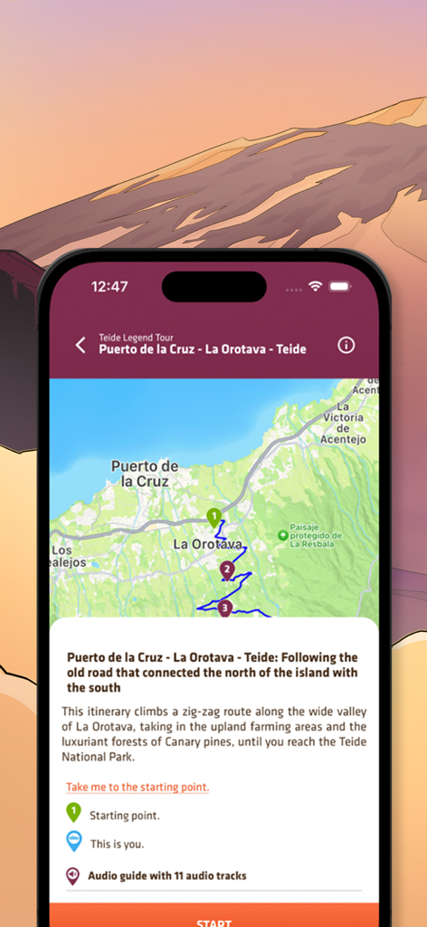 푸에르토 데 라 크루즈에서 테이데 산까지의 경로에 대한 지도 일정 및 오디오 가이드 세부 정보가 표시된 테이데 전설 앱