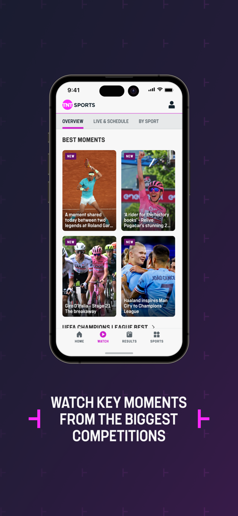 TNT Sports: News & Results - TNT Sports App-Oberfläche mit Video-Highlights für Tennis-, Radsport- und Fußballwettbewerbe.
