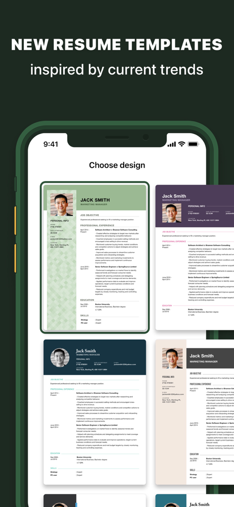 Tela do aplicativo AI Resume Builder mostrando múltiplos modelos de design de CV modernos