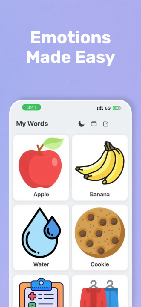 Pantalla de la aplicación Talking Tiles AAC que muestra una cuadrícula de iconos de comunicación grandes para artículos como manzana, plátano, agua y galleta.