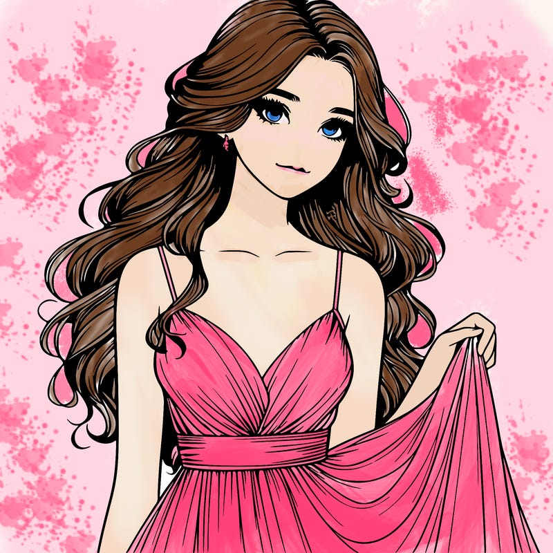 realistic girl in flowy silky prom dress