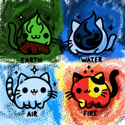 4 cats that represent the different elements, earth, water, air, and fire