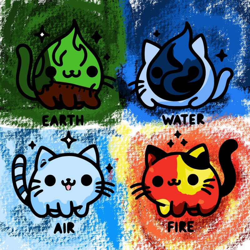 4 cats that represent the different elements, earth, water, air, and fire