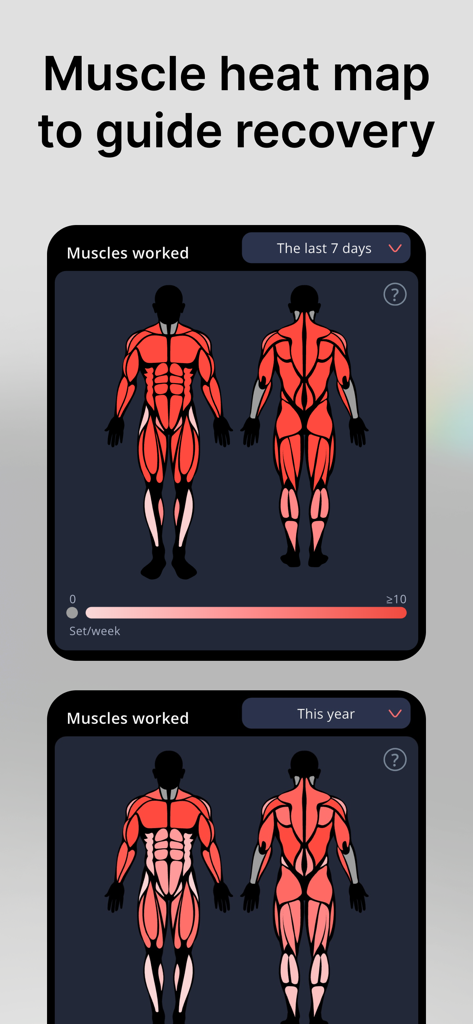 StrengthLog – Workout Tracker - Visualizzazione della mappa termica muscolare di StrengthLog che mostra i muscoli lavorati per guidare il recupero.